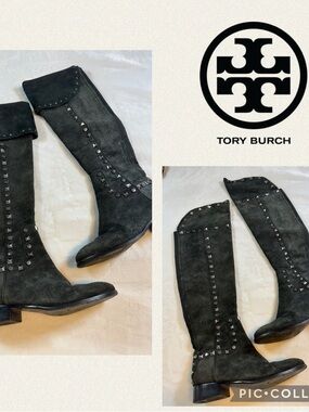TORY BURCH RHETT STUDDED Suede Over The Knee Riding Boots Gray. Sz 8 EUC!